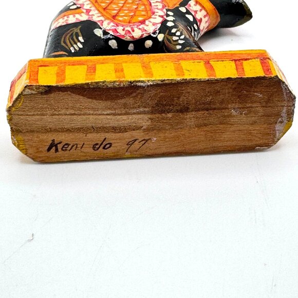 Wooden Elephant on Platform Decorative Sculpture Hand Painted Trunk Up Vtg 4" - Picture 2 of 10